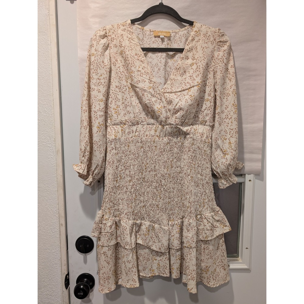 Stichic Floral Mini Dress Smocked Ruffle Long Sleeve V Neck Cream Size M 0189